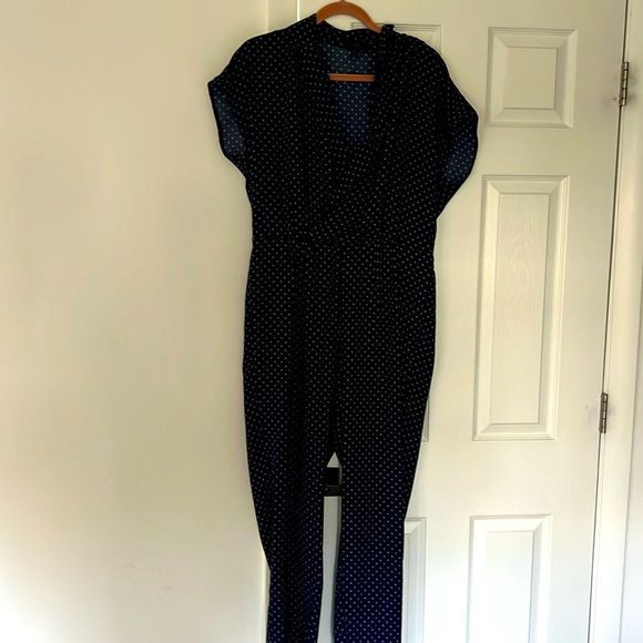 J. Crew Pants - J. Crew Navy Faux Wrap Short Sleeve Polka Dot Jumpsuit Size 10